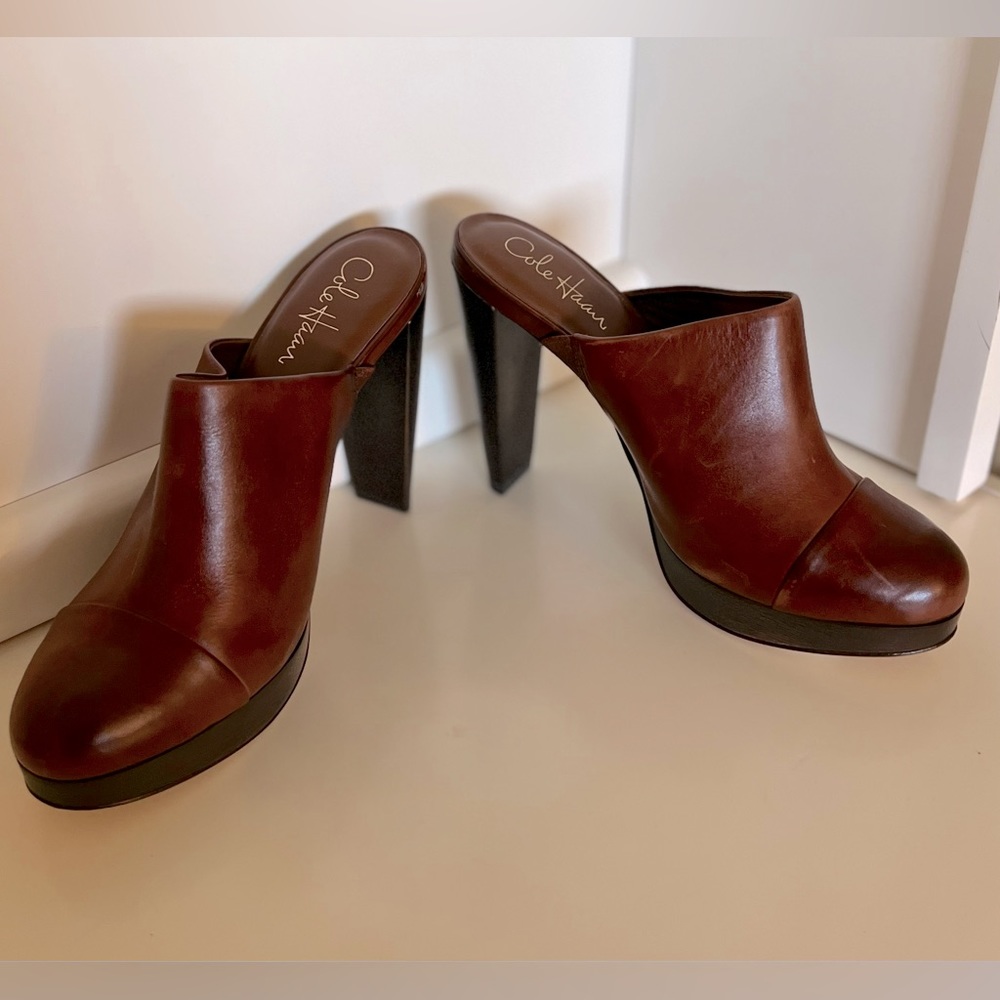 Cole Haan *never worn* cognac leather 5 inch slides, size 9B. Gorgeous shoe!